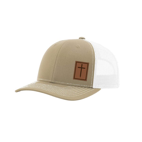 Heritage Pride Men's Christian Cross Worship Prayer God Laser Engraved Leather Patch Mesh Back Trucker Hat, Khaki/White