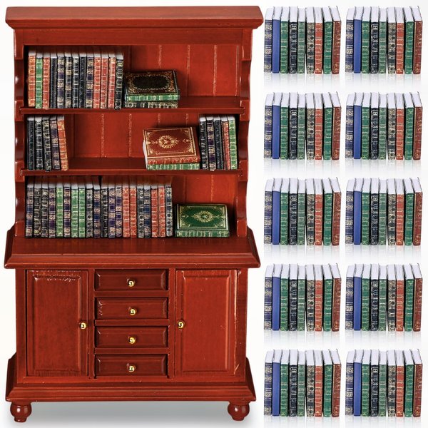 Chivertion 48 Pcs 1:12 Scale Dollhouse Miniatures Books with 1 Miniature Wooden Bookshelf Mini Bookcase Doll House Furniture Accessories for Mini Library Bedroom Decoration (Red)