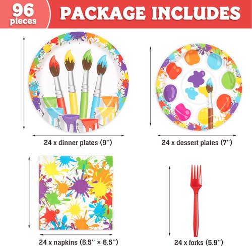 DECORLIFE Paint Party Supplies Serve 24, Paint Party Decorations Plates and Napkins Sets, Art Birthday Party Decorations for Kids Adults, 96 PCS