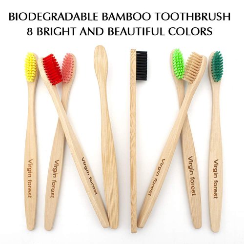 Virgin Forest Bamboo Toothbrush, Biodegradable Toothbrush, Eco Friendly Natural Wooden Toothbrushes, Vegan Organic Bamboo Charcoal Tooth Brush for Sensitive Gums Medium Bristle Set of 8 Color