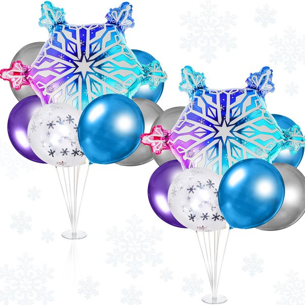 Hungdao 2 Sets Winter Snowflake Table Centerpiece Balloon Stand Kit with Snowflake Foil Balloons and Latex Balloons for Winter Birthday Christmas Baby Shower Party Supplies (Blue,Purple)