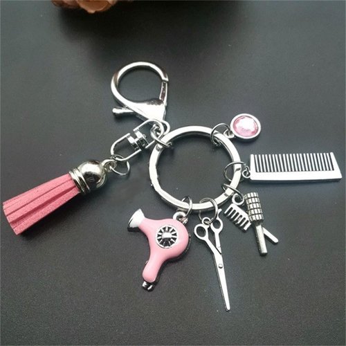 Fuqimanman2020 Comb Scissors Hair Dryer Keychain with Tassel and Black Diamond Charm Hairdresser Hair Stylist Gift Jewelry-Pink 2