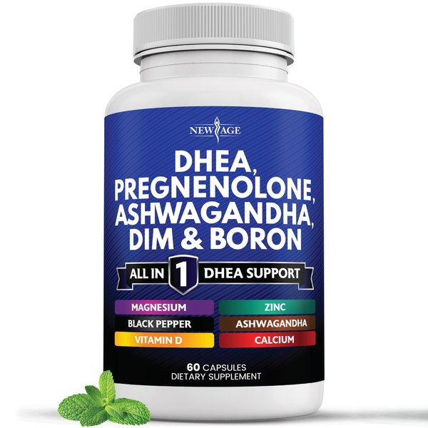 NEW AGE DHEA Supplement - Pregnenolone for Men & Women with DIM, Ashwagandha, Boron, Calcium, Magnesium, Zinc, Vitamin D3 5000iu - Support Capsules - 60 Count