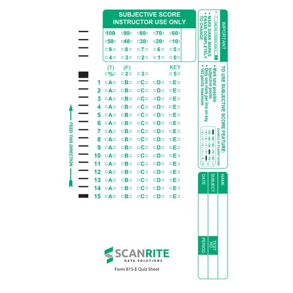 ScanRite 815-E Scantron Compatible Quiz Sheet. 15 Questions.