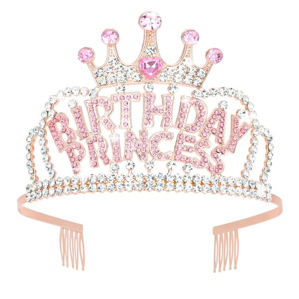 CIEHER Birthday Crown Birthday Princess Crown for Girls, Birthday Tiara Birthday Crowns for Women, Princess Birthday Decorations Birthday Gifts for Girl - Rose Gold & Pink