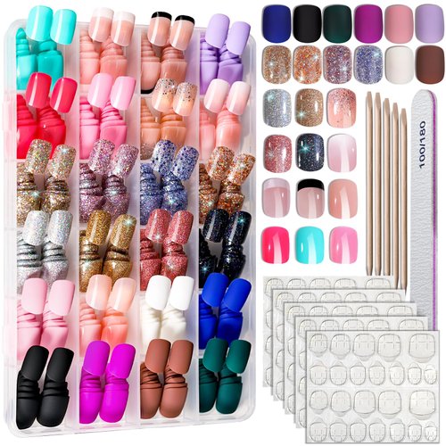 FANDAMEI Press on Nails, 24 Colors 576PCS Press on Nails Short, Matte Glossy Press on Nails Short Square. Glitter Press on Nails Short Round. Natural Fit Lightweight Fake Nails Natural for Nail Art