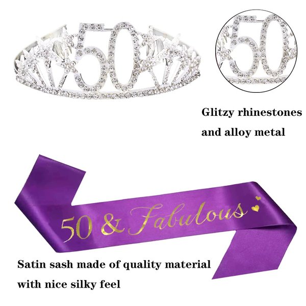 Happy 50th Birthday Tiara and Sash Gifts Crystal Rhinestone Princess Crown Birthday Queen Party Favor Supplies Silver Crowns Purple Sash