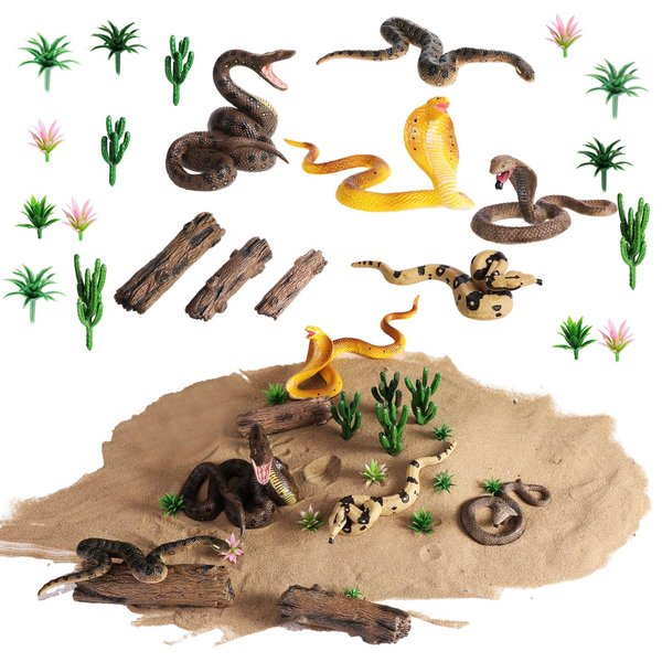 Sratte 26 Pcs Realistic Snake Figurines Toys Plastic Anaconda Animals Diorama Project Playset Model Trees Kit for Kids Toddlers Educational Learning Birthday Cake Toppers Gift