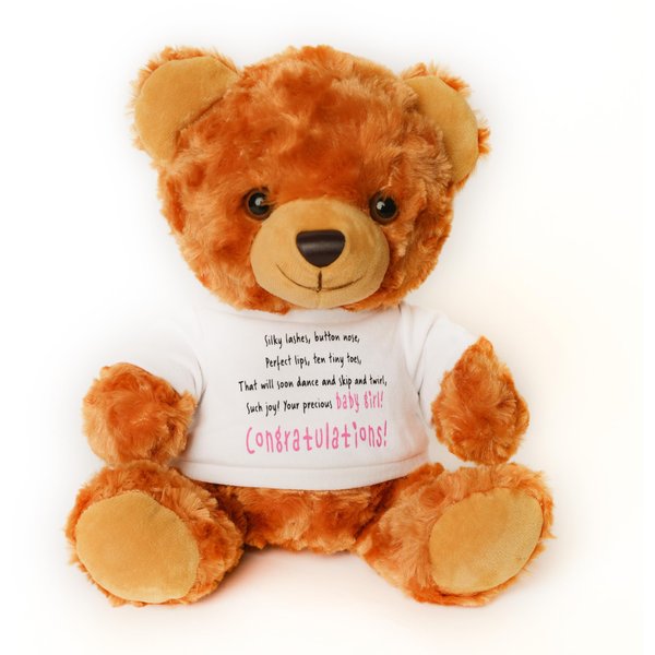 Penned Teddy Bear with It's A Girl T-Shirt – 10" Brown Teddy with Congratulations Baby Girl Poem. Gift for Baby Shower, Birth Announcement, New Baby, Pregnancy Gender Reveal