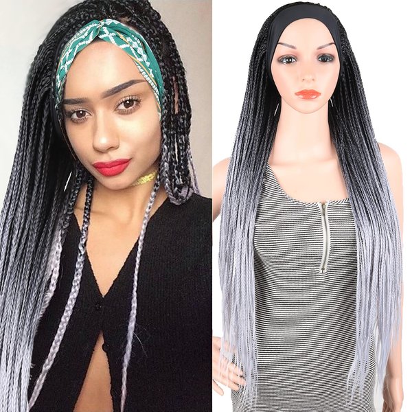 Headband Wigs for Black Women Box Braided Wig Twist Crochet Hair Cornrow Braids Ombre Gray Long Senegalese Twist Braided Headband Wig Crochet Braids with Scarf Wig Turban Wrap Wig Braids 30 Inch