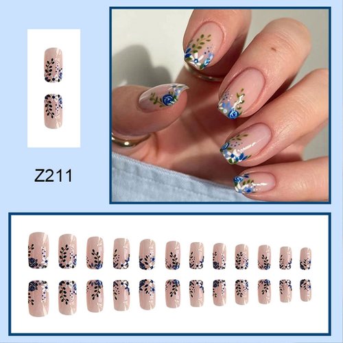 Flower Press on Nail Short Sqaure Fake Nail Blue Flower Deisgn for Acrylic Nail Spring Summer Full Cover Flase Nail Short Sticker on Nail with Glue for Women Girls Nail Art Decoration Supplies -24pcs Press on Nail