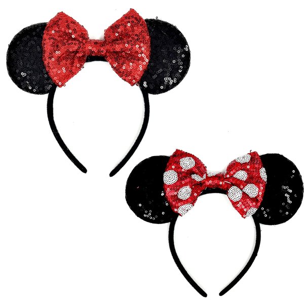 ASHONE Mouse Ears Headbands for Women Girls Boys Groups Mouse Ears Shiny Bows for Birthday Themed Events Accessories Party (Red2, One Size)