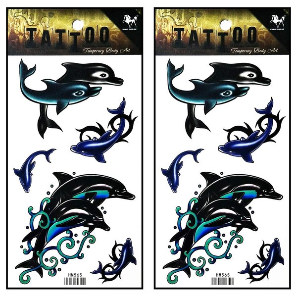 Tattoos 2 Sheets Cartoon Dolphin Sea animal Fake Temporary Tattoos Sticker Waterproof Sexy Body Art Men Women Child Tattoo Removable 3D Style Fashion Fantasy