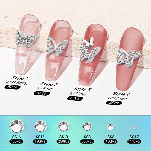 MYYKO Silver Butterfly Heart Star Cross Nail Charms, Nail Stones Alloy Nail Art Decoration, for Acrylic NailsNail Jewels Accessories for Nail Art Supplies Manicure Craft DIY