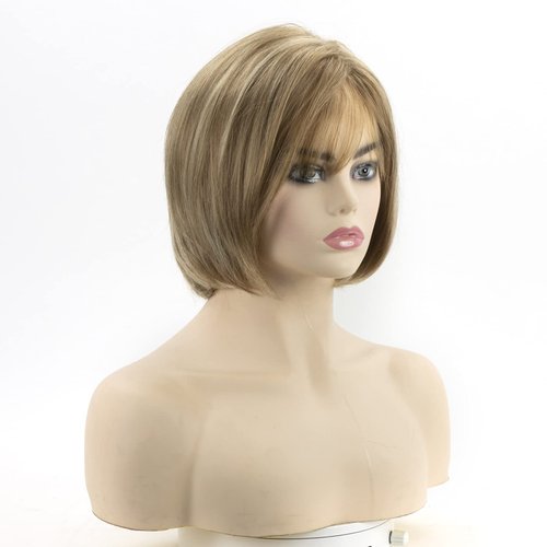 TISHINING Short Blonde Bob Wigs for White Women Blonde Highlight Pixie Bob Wig with Bangs Layered Straight Bob Synthetic Hair Replacement Wigs for Daily Party Use