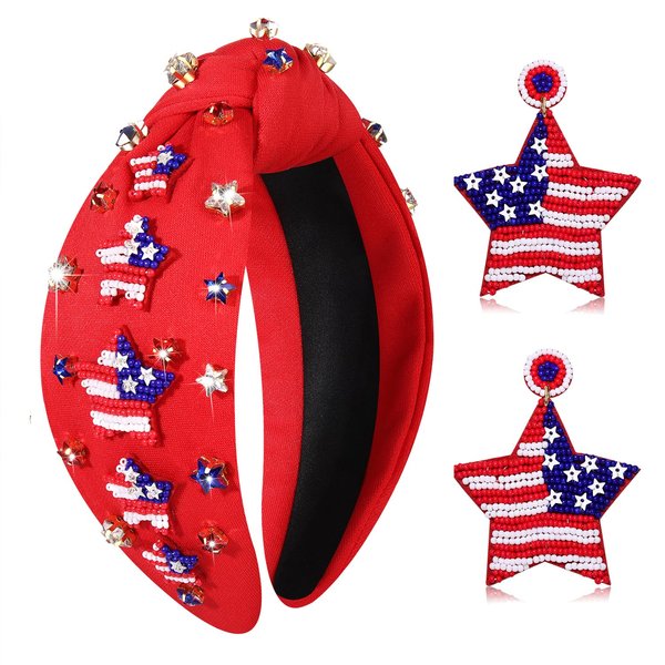 American Flag Headband Earrings 4th of July Star Beaded Knotted Headband Earrings for Women Girls USA Patriotic Red White Blue Rhinestone Jewelry Wide Knot Headband Independence Day Party Favors