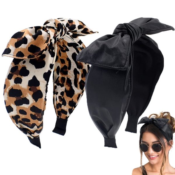 BEGOOD Bow Headbands for Women Black Headband with Bow Leather Knotted Headband Leopard Wide Head Bands for Women's Hair Turban Hair Accessories for Girls 2Pcs