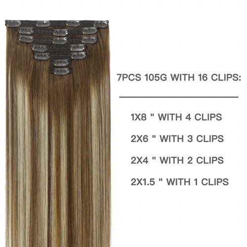 FUBILI Clip in Hair Extensions Chestnut Brown Balayage to Platinum Blonde Mix Brown Real Human Hair Medium Brown Ombre Hair Extensions Remy Human Hair Clip in Extensions 14Inch 7Pcs 105g