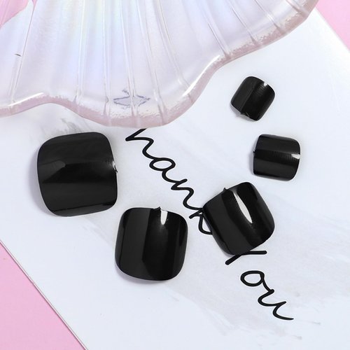 Solid Color Press on Toenails Short Fake Toe Nails Artificial Toenail Press ons Glossy Glue on Tonails Square False Toenails Black Full Cover Acrylic Stick on Nails for Women 24Pcs