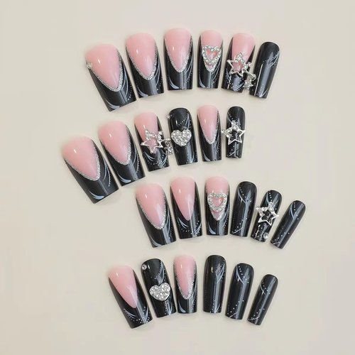 24 pcs Press on Nails Long Coffin French Black Fake Nails Glossy Acrylic False Nails with Metal Star & Heart Charms Designs Full Cover Glue on Nails for Women