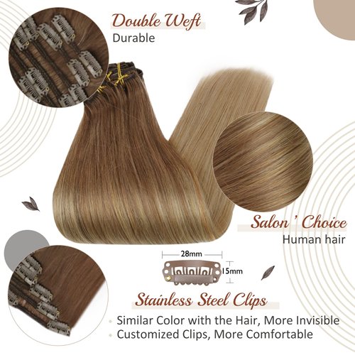 Full Shine Balayage Clip in Hair Extensions Human Hair Blonde Clip in Extensions Human Hair Color 10 Light Brown Fading to 14 Blonde Remy Clip Hair Double Weft Clip in Hair 7 Pcs 12 Inch