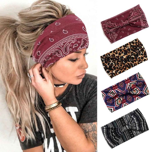 Aceorna Boho Headbands Wide Bandeau Hair Band Knot Turban Head Band Stretch Leopard Twist Head Wraps Elastic Yoga Sweatband Stylish Head Bands for Women and Girls 4 Pcs (Set c)