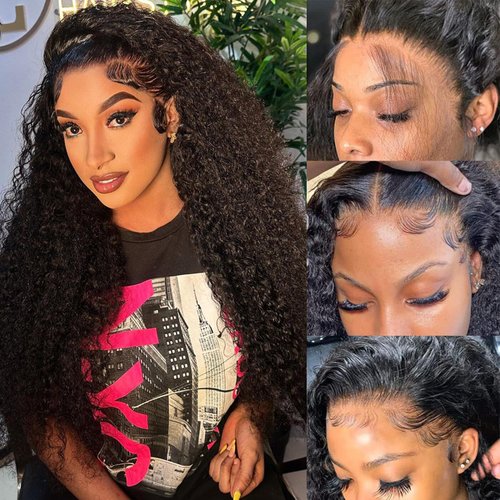 Espive 28 Inch Curly Wave Lace Front Wigs Human Hair 180% Density 13x6 HD Transparent Lace Frontal Wigs Human Hair For Women Deep Curly Lace Frontal Wigs Human Hair Pre Plucked Natural Color