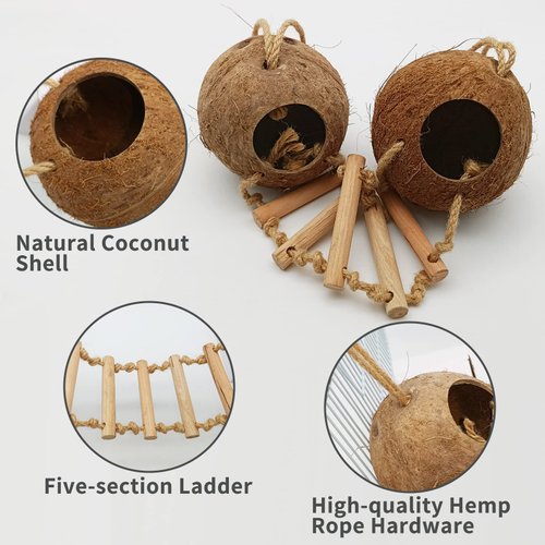 Tfwadmx Natural Coconut Hide with Ladder Perches Hanging Bird House Toy for Cage Parrot Breeding Nest for Gecko Parakeet Lovebird Finch Hamster