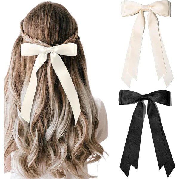 2Pcs Silky Satin Hair Bows Hair Clip for Women Girls Toddlers Teens Kids (Beige Black）