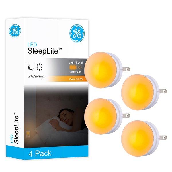 GE SleepLite LED Night Light, 4 Pack, Melatonin, Dusk-to-Dawn Sensor, Natural Sleep Aid, Warm Amber, Compact, Ideal for Bedroom, Nursery, Bathroom, Hallway,45041, 4 Count