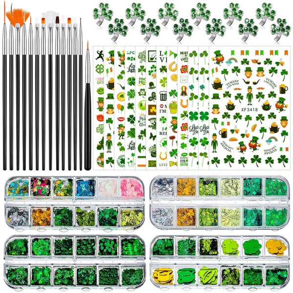48 Grids St Patrick's Day Holographic Nail Glitters 12 Sheets Green Shamrocks Nail Stickers and 12 Pieces 3D Irish 3-leaf Nail Charms Nail Rhinestone 15 Pcs Nail Brushes for Women Nail Art Decoration