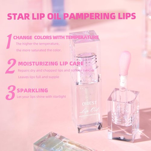 Magic Color Changing Lip Oil Temperature Change Lip Glow Oil Moisturizing Plumping Lip Gloss, No-Sticky Transparent Lip Care Tinted Lip Gloss Oil (03# Purple to Pink, 1 fl.oz)