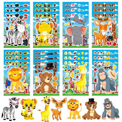 DaiUni 24 Sheets Safari Animals Make a Face Sticker Sheets for Kids Todders Activities, Make Your Own Stickers for Kids Birthday Party Favor Supplies Craft