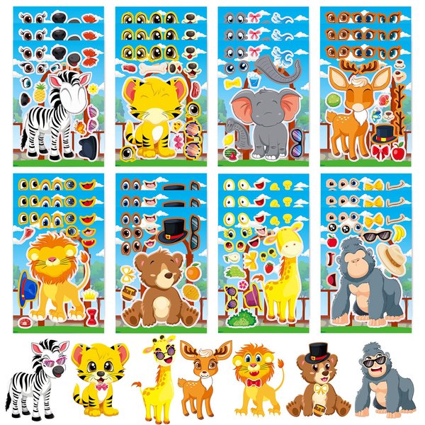 DaiUni 24 Sheets Safari Animals Make a Face Sticker Sheets for Kids Todders Activities, Make Your Own Stickers for Kids Birthday Party Favor Supplies Craft