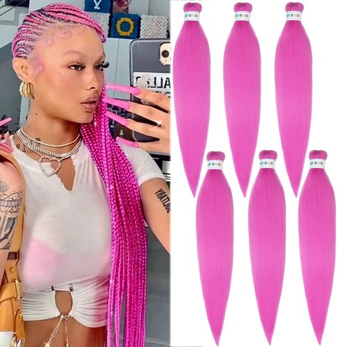 Magenta Pink Braiding Hair Prestretched Kanekalon Box Braids Hair Extensions 26inch 6Pcs Non Pink Braiding Hair Hot Setting Knotless Pink Kanekalon Braiding Hair Prestretched