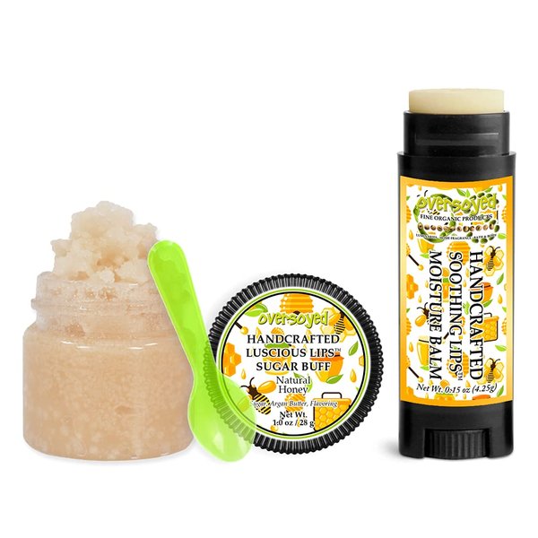 Natural Honey Soothing & Luscious Lips by OverSoyed Exfoliator & Chapped Lip Repair Lip Care Combo | Artisan Handcrafted to Order Sticky Sweet Honey Lemon Orange Berry Floral Spice Flavored Exfoliating Sugar Lip Scrub & Lip Moisturizer Balm Gift Set