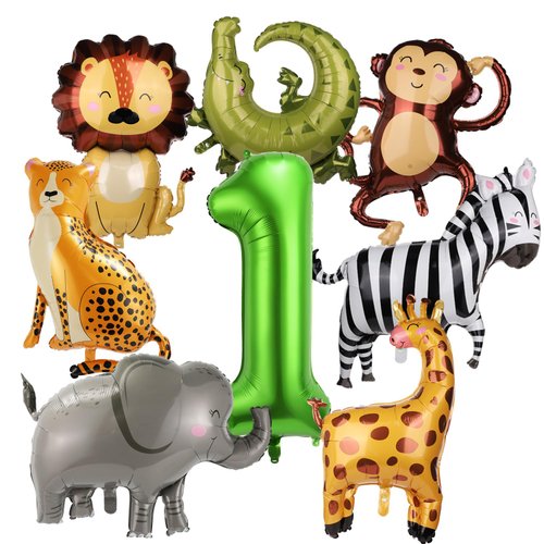 8pcs Jungle Animal Balloons, Safari Animal Balloon Safari Animal Monkey Elephant Zebra Leopard Crocodile Giraffe Lion Balloons Birthday Number Balloons Zoo Party Decoration Supplies (Number 1)