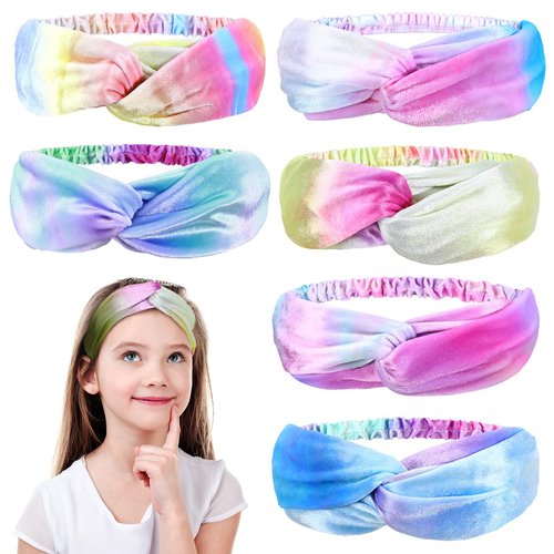 Waydress 6 Pieces Spa Headbands Girls Soft Tie Dye Headbands Elastic Adjustable Rainbow Headbands Non Slip Turban Headwraps for Kids Hair Accessories Spa Sleepover Party Supplies