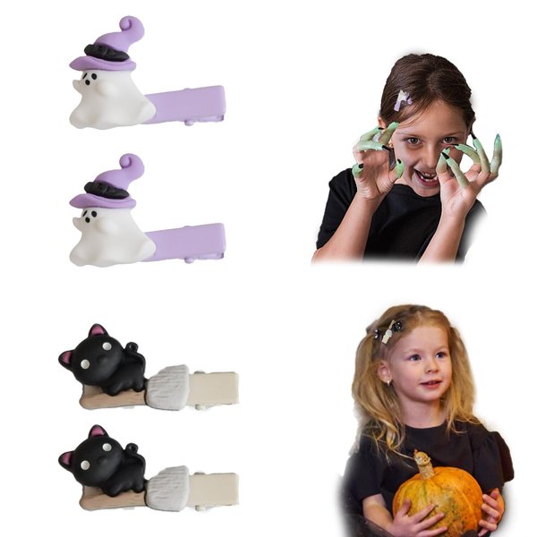 2 Pairs Halloween Hair Clips for Girls, Cute Ghost Cat Hairclips Double Prong Hair Barrettes Halloween Hair Accessories Party Favors Gifts for Girls Kids Toddlers