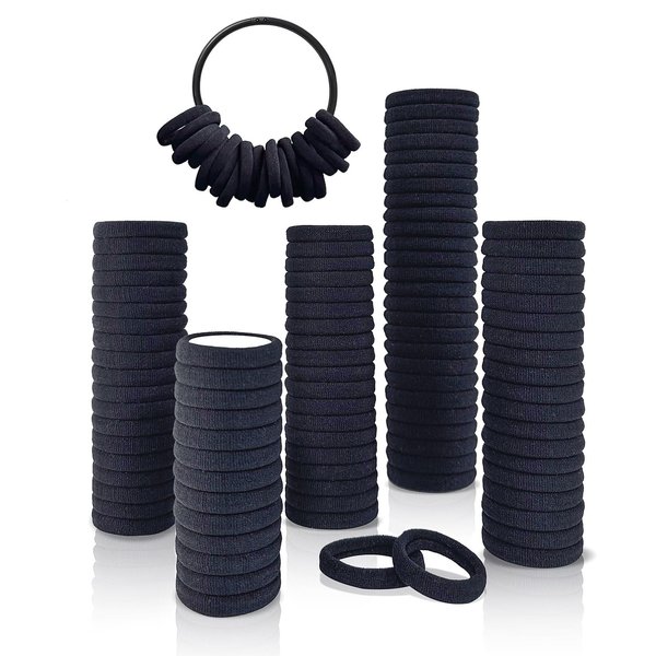 SIFFOI Soft Hair Ties, Black Cotton Seamless Hair Tie with Free Organizer Ring, Premium Hair Bands for Women, Men and Girls (100, BLACK)