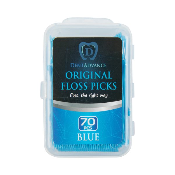 DentAdvance Original Dental Floss Picks - Easy Reach Back Teeth | Tooth Flossers |Blue, Unflavored, 70 ct, w/Travel Case