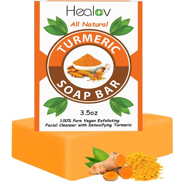 Herblov Turmeric Soap Bar for Face & Body - All Natural Turmeric Skin Detox Soap Bar - Turmeric Face Soap Reduces Acne, Fades Scars & Cleanses Skin - 3.5oz Turmeric Bar Soap for All Skin Types