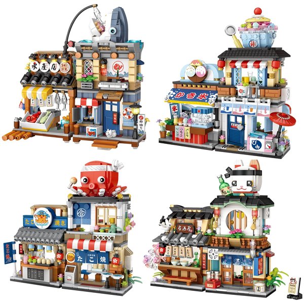 ELAICREE Japanese Street View Shop Building Blocks House Toy, New 4 Models Mini DIY Building Blocks Model MOC Construction Toy, Gift for 6-12 Years Old Kid Girls and Boys