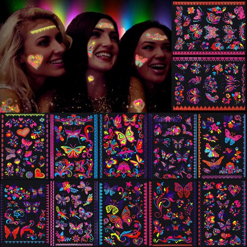 Konsait 160pcs Butterfly Tattoos UV neon Temporary Tattoos for Girl,Blacklight Tattoos temporary rave festival decorations Fluorescence Fake Tattoos Stickers for Children Girls Birthday Dance
