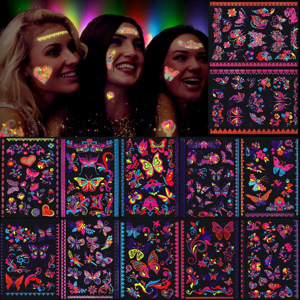 Konsait 160pcs Butterfly Tattoos UV neon Temporary Tattoos for Girl,Blacklight Tattoos temporary rave festival decorations Fluorescence Fake Tattoos Stickers for Children Girls Birthday Dance