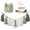 Wild One High Chair Banner For 1st Birthday Party Boy Decorations With Green Tassel Garland Crown Hat Cake Topper