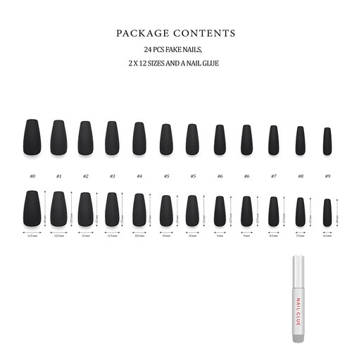 Hypnaughty 24 Pcs Noir Black Matte Luxury Coffin Press on Nails with Glue Medium Long Solid Black Color False Nails (Noir)