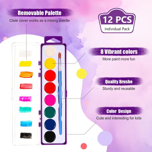 Watersay 12 Pack 8 Colors Watercolor Paint Set for Kids Washable Watercolor Paint with Paintbrush for Classroom School Birthday Art Activities Halloween Christmas Party Supplies(Purple)