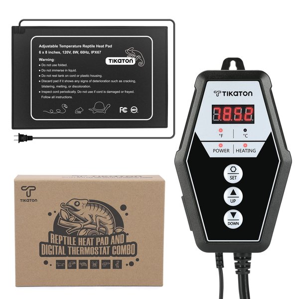 Tikaton Reptile Heating Pad and Digital Thermostat Combo Set, Under Tank Heater for 10-20gal/30-40gal Tank, Terrarium Heat Mat for Turtle/Snake/Lizard/Frog/Spider/Plant Box