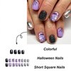 Halloween Press on Nails Short Square Fake Nails Purple False Nails with Bat Spider Web Ghost Designs Halloween Nails Full Cover Acrylic Nails Glitter Glue on Nails Stick on Nails for Women 24 Pcs